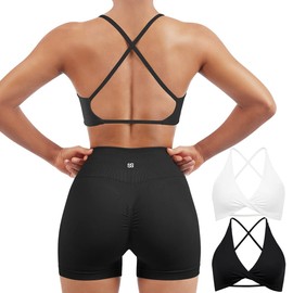 SUUKSESS Women 2 Piece Open Back Strappy Sports Bra Pack Twist Front V Neck Padded Workout Crops (#2 White & Black, S)