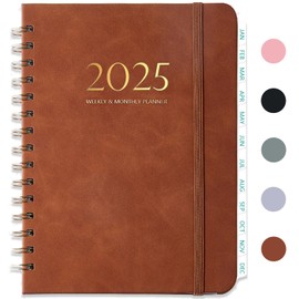 2025 Planner, Weekly and Monthly Planner from January 2025 - December 2025, Notebook Calendar Planner Agenda Planner with Tabs, Inner Pocket, Spiral Binding, Monthly Tab - A5 (6.3" x 8.5") Brown