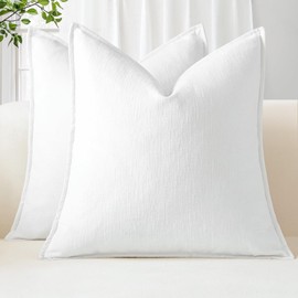Sungeek Set of 2 Soft Chenille Cushion Covers 50x50cm Square Decorative Throw Pillow Covers with Stitched Edge Solid Dyed Pillow Cases Covers for Home Decor Couch Sofa Bed Living Room, White