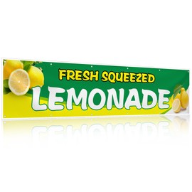 HunnmingRe 2 x 10 ft Lemonade Sign Vinyl Banner Fresh Squeezed Lemonade Stand Supplies Lemon Flag for Indoor Outdoor Business Restaurant Advertising Banner