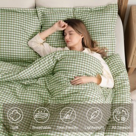 SunNewt Full Comforter Set, Fluffy Green Gingham Plaid Bedding, 3 Pieces