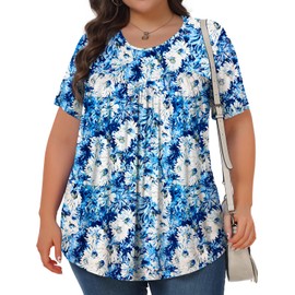 Womens Plus Size Tops Tunic Short Sleeve Crew Neck Shirts Casual Soft Blouse White Chrysanthemum 3X