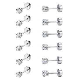 Sllaiss 6 Pairs 18G Stud Earrings Set 316L Stainless Steel Stud Earrings for Women Round Clear Cubic Zirconia Silver Stud Earrings Minimalism Cartilage Jewellery Set