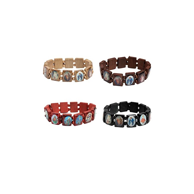 DATOA 4Pcs Wooden Jesus Virgin Mary Bracelet Saints Rosary Stretch