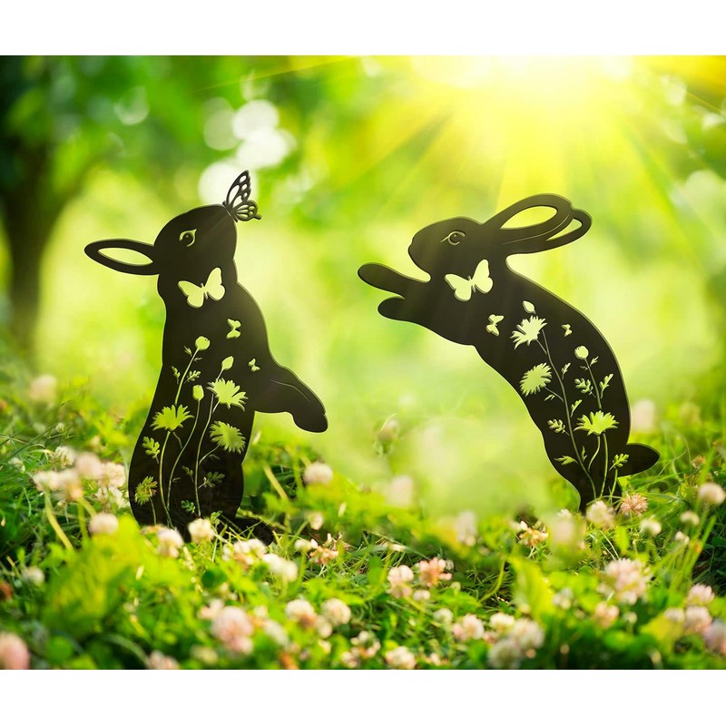 Rabbit Metal Garden Stakes Decorative,2 Pack Black Jump Rabbit Silhouette