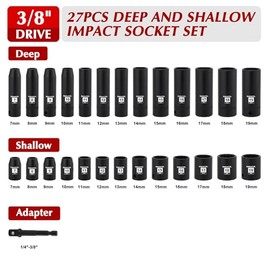 EMENTOL 3/8" Drive Impact Socket Set, 27PCS, Metric(7mm to 19mm), Deep and Shallow, 12 Point, Includes Drill Bit Adapter