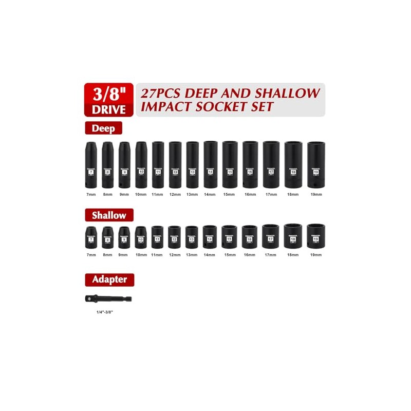 EMENTOL 3/8" Drive Impact Socket Set, 27PCS, Metric(7mm to 19mm),