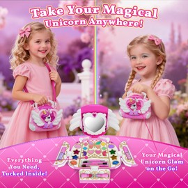 Unicorn Kids Makeup Kit with Mirror & Strap, Real Washable Cosmetic Set, All-in-1 Cute Unicorn Make Up Purse, Princess Toy Birthday Gifts for 3 4 5 6 7 8 9 10 11 12 Year Old Girls Age 3-4 4-6 6-8 8-10