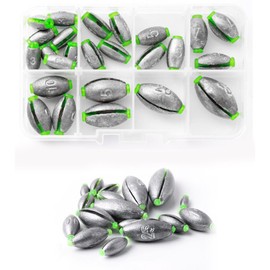 Beatyarmy 25 Pcs Elliptical Sea Fishing Weights with Plastic Core, Drop Bass Weights Sinker Kit 8 Sizes, Casting Fishing Oval Sinkers,for Carp, River, Saltwater, Freshwater