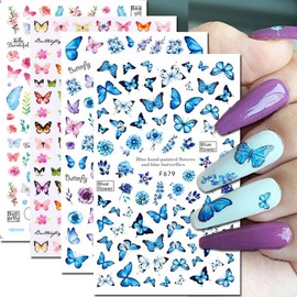 Butterfly Nail Art Stickers Decals 3D Butterfly Self Adhesive Nail Design Stickers Pink Blue Purple Butterflies Leaf Nail Decals for Women Girls DIY Butterfly Nail Stickers Decoration Supply 6 Sheets