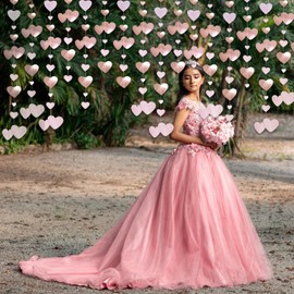 Paper Garland Decoration, QeeFop 52 ft Champgne Pink Heart Garland, Wedding Decoration, Double-Sided Metallic Paper Hanging Garland for Wedding, Birthday, Bridal Shower Decoration (Mushroom & Pink)