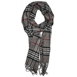 Soft Plaid Check Winter Scarf Warm Oblong 12”x72” Fringe Unisex Charcoal