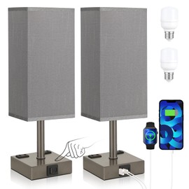 aooshine Dark Grey Touch Lamps Set of 2 - Nightstand Lamp with USB-C + A Charge Ports & AC Outlets, 3-Way Dimmable Bedside Lamp, Small Table Lamp Light for Bedroom (Bulb Included)