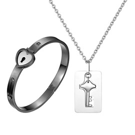 Flongo Womens Mens Heart Lock Bangle & Key Tag Pendant Necklace Set, Stainless Steel Bracelet & Necklace Color Silver&Black, Love Gift for Valentine's Day Wedding Anniversary