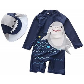 Traje de baño de una pieza para bebés y niños pequeños, con gorro de sol, protector de erupción, con cierre, para natación, surf, UPF 50+, Tiburón, 3 Años/4 Años