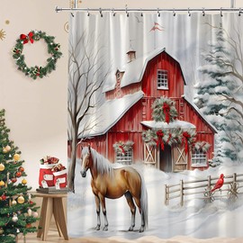 WZFashion Christmas Horse Shower Curtain Rustic Farmhouse Barn Door Xmas Tree Wild Animal Nature Snow Forest Winter Holiday Vintage Fabric Bathroom Curtain Set with Hook
