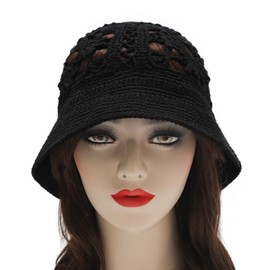ZLYC Women Cotton Bucket Hat Handmade Crochet Knit Floral Summer Bucket Hats, Floral Black, One Size