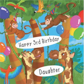 Hunts England - Daughter 3rd Monkey Birthday Card - Happy 3rd Birthday - Daughter - Monkeys, Giraffes & Parrots Kids Birthday Card - Jungle Collection