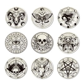 ANATTASOUL 9 Pcs Wood Coasters Set for Drinks Satan Goat Skull Colorful Wooden Cup Mat for Coffee Table Decor, Absorbent Desk Coasters for Home, Apartment, Office, Bar