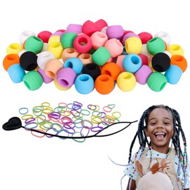 LSDWL 50 Silicone Hair Beads for Girls,Soft Colorful Rubber Beads for Braids with Mini Rubber Bands and Plastic Beading Needles (50 Small Beads)