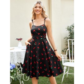 Belle Poque Cute Cherry Dress for Women Vintage Little Black Dress Tea Party Cocktail Dress S