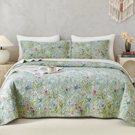 Lady Ann 100% Cotton Floral Oversized Queen Quilt Set - Green Flower Bird Butterfly Pattern Print Quilted 102x118 Bedspread & Coverlet Set, 3 PCS Lightweight Extra Soft Queen Bedding Sets All Season