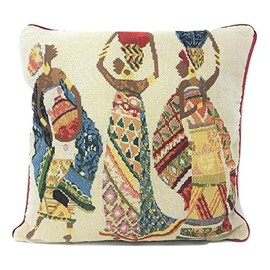 DaDa Bedding Tapestry Throw Pillow Cover - 1-Piece Dancing African Women Dream Festive Celebrate Kwanzaa - Woven Ethnic Culture Multi-Colorful Pattern Design Cushion Case - 16" x 16" (18117)