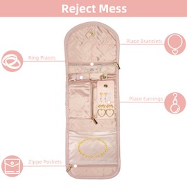 WOBEVB Travel Jewelry Organizer, Jewelry Pouch, Case Foldable Jewelry Roll for Journey, Travel Packing Accessories (Pink)