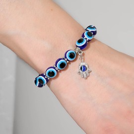 Inilbran Boho Evil Eye Bead Bracelet Blue Turkish Evil Eye Bracelet Glass Beaded Protection Vintage Silver Hamsa Hand Bracelet Hand Chain Jewelry for Women and Girls (Style B)