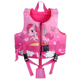 Jurmickey Toddler Swim Vest, Swim Vest for Kids Swimming Jacket with Adjustable Safety Strap, Learn to Swim Aid, Toddler Floaties for 2-6yrs/20-30-40-50 lbs Boys and Girls (Rose Unicorn/M)