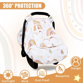 Jundetye Car Seat Covers for Baby, Baby Car Seat Cover with Peep Mesh Window, Windproof Infant Car Seat Canopy for Girls Boys, Machine Washable, Rainbow Star