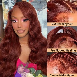 Reddish Brown Lace Front Wigs Human Hair 13x4 HD Brown Body Wave Lace Front Wigs Human Hair Pre Plucked 33# Colored Human Hair Wig For Women 180% Density HD Lace Frontal Human Hair Wigs 24inch