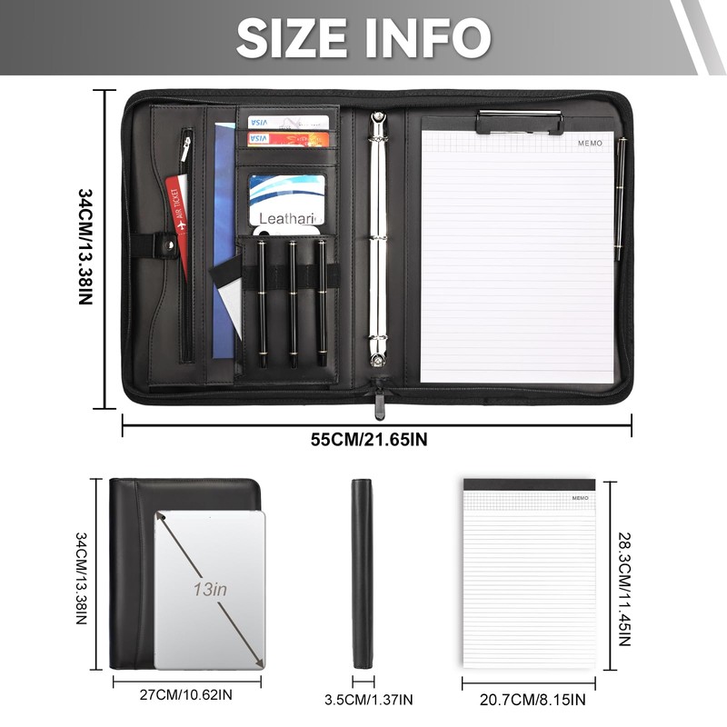 Leathario Portfolio Binder, Padfolio Organizer, 3 Ring Binder with Zipper