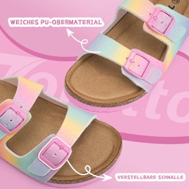 Torotto Children's Mules with Cork Slippers Boys Girls Slippers Straps Adjustable Buckle Non-Slip Flip Flops for Indoor and Outdoor Use, Rainbow Glitter, 37 EU