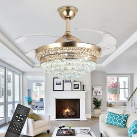 Panghuhu88 42" Invisible Ceiling Fan Chandelier with Light,Modern Crystal Ceiling Fan Light Remote Control 4 Retractable ABS Blades for Bedroom Living Dining Room Decoration (Golden)