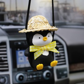 Swinging Penguin Hanging Ornament, Car Pendant Cute Accessories for Rear View Mirror, Penguin in Straw Hat on Swing