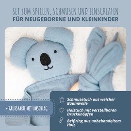 Amari ® Comforter (Blue Koala) with Teething Ring and Bib, Birth for Boys and Girls - Baby Gift Newborn - Baby Gift Set for Baby Shower