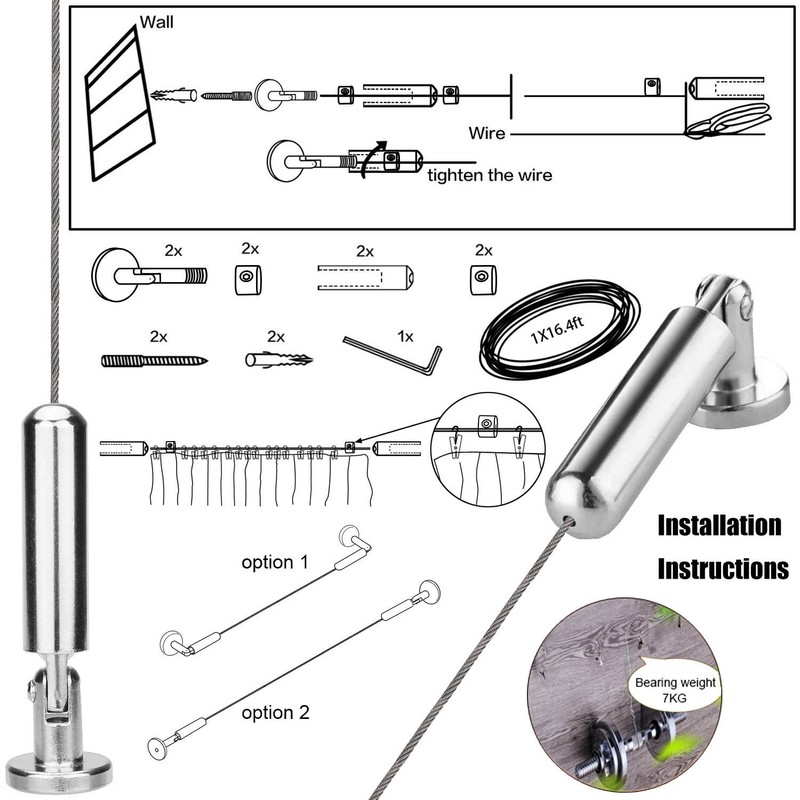 [5 Meters] Wall Mount Curtain Wire Rod Set with (20