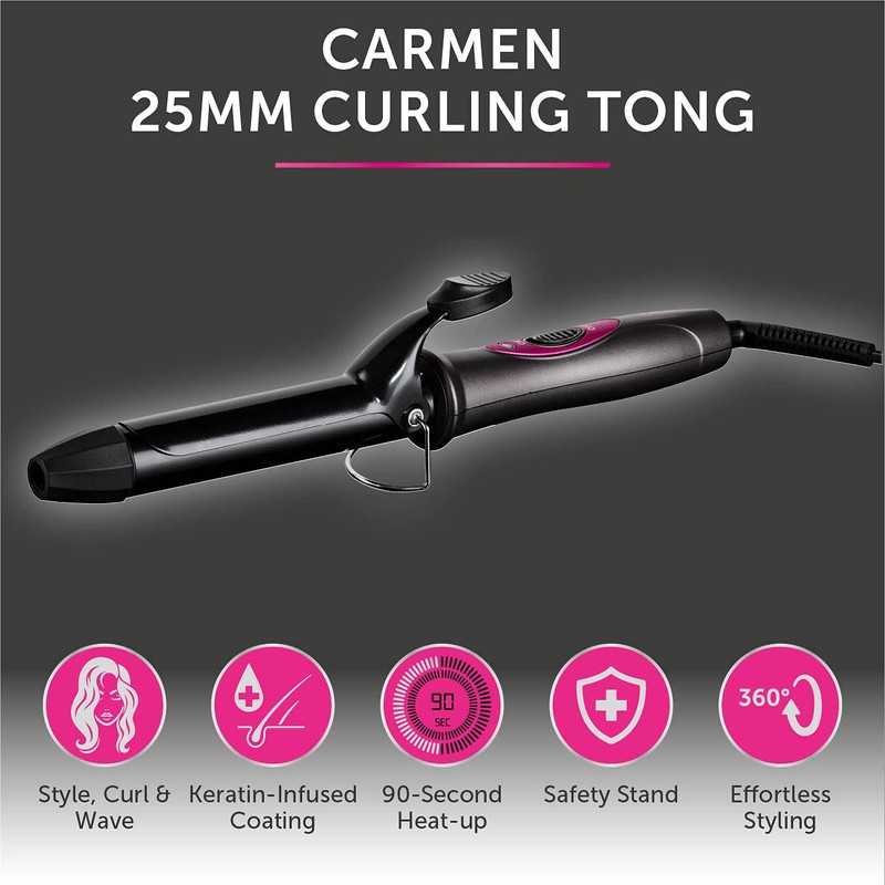 Carmen C81068 Neon 25mm Curling Tong with Keratin-Infused Coating, 90-Second