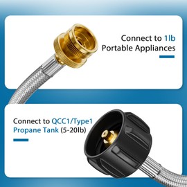 Propane Hose Adapter, 5 FT Braided Hose for Coleman Stoves, Char-Broil Portable Grills, Blackstone 17" 22" Tabletop Griddles, Weber Q Grills - Converts 1 lb to 20 lb Tanks, Weather Resistant