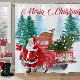 ASDCXZ Christmas Shower Curtain 180 x 200 cm, Red Truck Santa Claus Christmas Tree Deer Snow Bath Washable Shower Curtains Polyester Textile Waterproof Shower Curtain for Bath with 12 Hooks