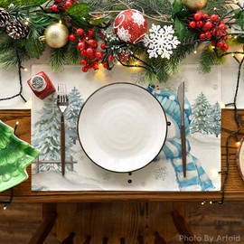 Artoid Mode Blue Snowman Pines Snowflakes Christmas Placemats Set of 6, 30 x 45 cm Seasonal Winter Xmas Kitchen Table Decoration Indoor Holiday Party
