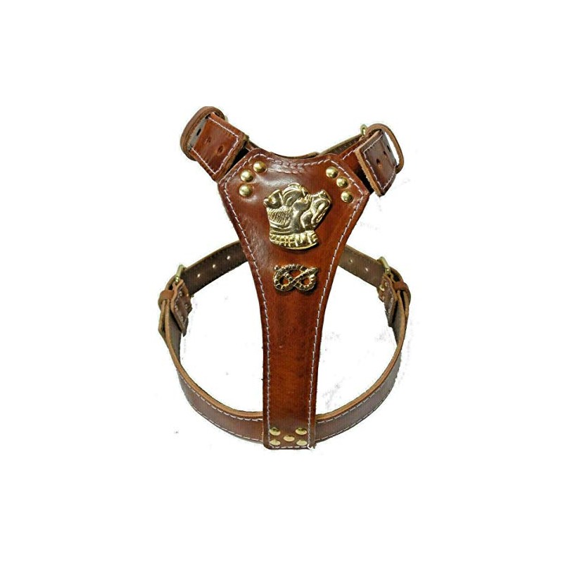 Beautiful Tan Leather Dog Harness Large with Staffordshire Bullterrier Head