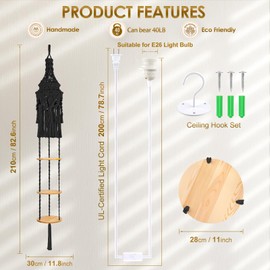 ANROYE 3-Tier Black Cotton Macrame Hanging Light Fixture Shelf, Boho Corner Pendant Lamp Shade Shelves, Farmhouse Decor for Women Bedroom