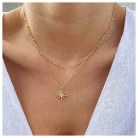 Inilbran Boho Layered Crystal North Star Choker Necklace Gold Rhinestone Northstar Necklace Choker Vintage North Star Pendant Necklace Bling Cz Starburst Necklace Jewelry for Women and Girls Gifts