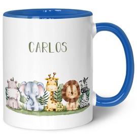 GRAVURZEILE Bedruckte Tasse mit Namen - Tiergruppe Safari - Personalisierte Geschenke für Jungen & Mädchen Kinder zum Geburtstag Einschulung Kommunion und Konfirmation - Blau