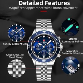 REWARD Mens Watches Fashion Casual Wristwatch(Analog,Waterproof, Chronograph, Luminous, Stainless Strap) - Silver Blue
