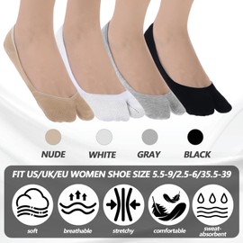 Piriuuo 4 Pairs Flip Flop Socks, Women Tabi Socks Low Cut No Show Socks Assorted Colors Split Toe Cotton Socks Non Slip Ankle Socks Elastic Short Sandal Sock for Men and Women(Color 1)