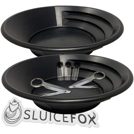 Sluice Fox Two Gold panning Kits; Black Pans with Trap and Dual riffles, Stainless Steel Magnifying Tweezers, and Three Glass Storage vials