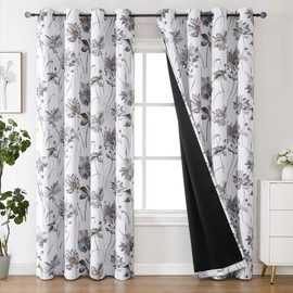 BROSHAN Grey Floral Patterned Blackout Curtains for Bedroom 84 inches Long, 2 Panel Complete Blackout Curtains Set Grommets Thermal Insulated Window Curtain Drapes for Farmhouse Living Room